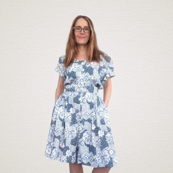 Vintage 80s Summer Print Romper White Blue Dress - Picture 2 of 6